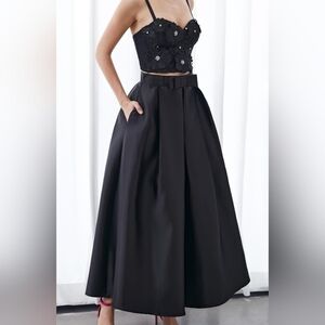 Chickwish Luxurious Black Bowknot Pleated A-Line Skirt XL Formal Party 50's